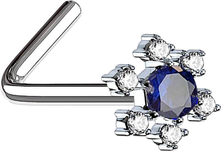 Produktbild Star Piercing Nasenstecker gewinkelt silber Blume mit grossem Kristall blau (Chirurgenstahl 316L, Messing)