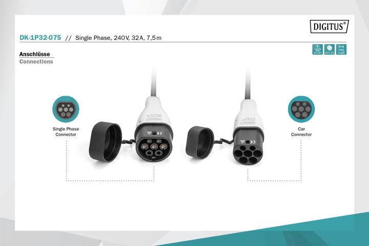 Produktbild Digitus Einphasig 32A - Ladekabel Typ 2 auf Typ 2 (Typ 2, 7.40 kW, 32 A, 7.50 m)