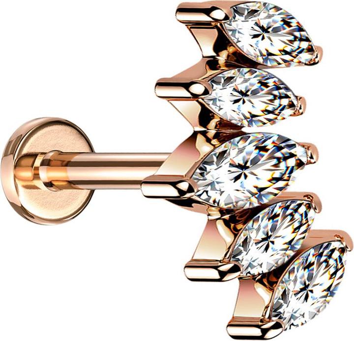 Star Piercing Micro Labret Innengewinde rosegold Fächer mit fünf Kristalle silber (Chirurgenstahl 316L)