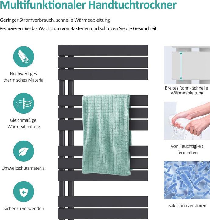 Actual product image Emke Bathroom radiator Towel rail Adjustable temperature control 100x40cm Anthracite 456W