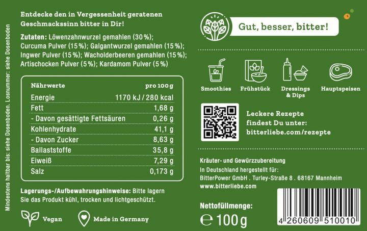 Valeurs nutritives et ingrédients Bitterliebe Poudre d'herbes naturelles sélectionnées 100 g (1 pièce(s), Poudre, 100 g)