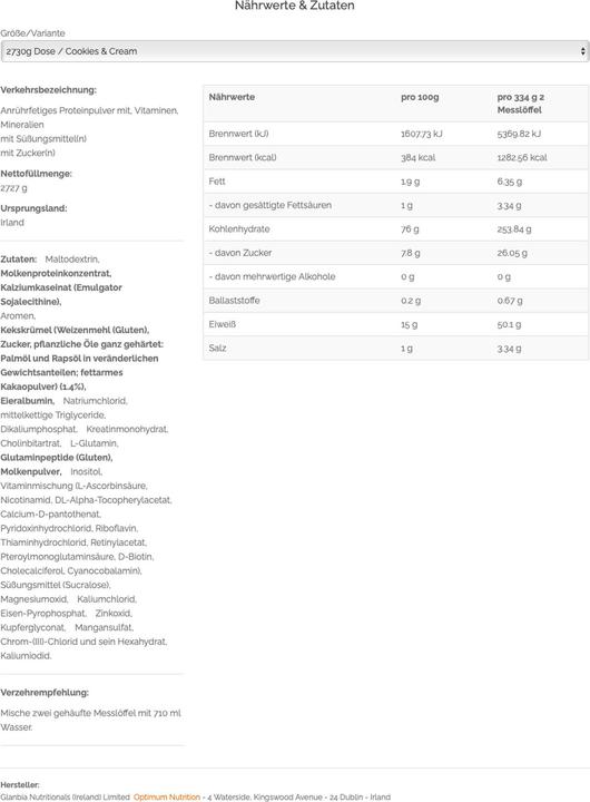 Nährwerte und Zutaten Optimum Nutrition Serious Mass (Cookies and Cream, 1 Stk., 2722 g)