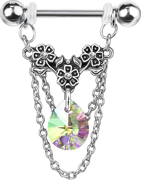Image du produit Star Piercing Barbell silber Blumen mit Kristall multicolor und Anhänger Kette (Acier chirurgical 316L, Laiton)