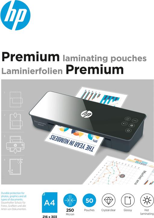 HP Laminating film Premium A4, 250 µm, 50 pieces, glossy (A4, 50 Piece, 250 µm)
