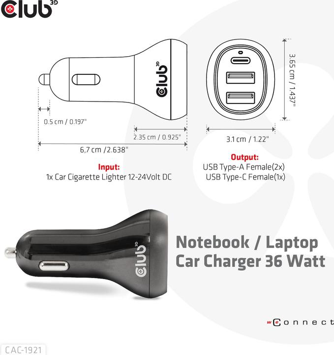 Immagine prodotto Club 3D Caricatore da auto USB Club3D 1xUSB C, 2xUSB A, 36W, 12/24V al dettaglio