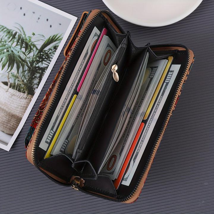 Actual product image Only-Bags.Store Bohemian Floral Pattern Wallet, Retro Vegan Leather Coin Purse, Crossbody Mobile Phone Bag