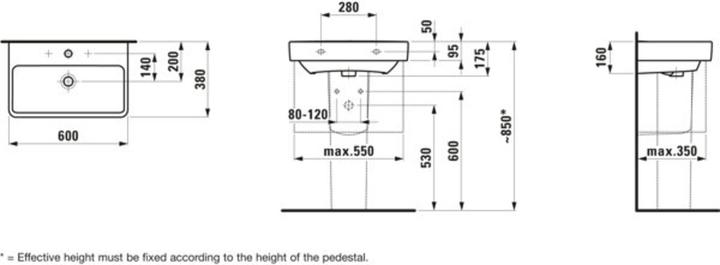 Produktbild Laufen Waschtisch PRO S 60x38cm Komp. m ÜL o Hahnloch weiss LCC (380 mm, 600 mm)