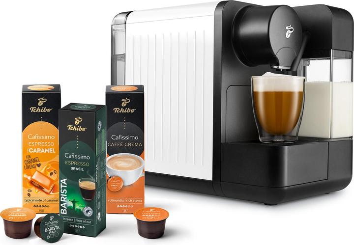 Tchibo Cafissimo "milk" Kaffeemaschine Kapselmaschine inkl. 30 Kapseln, Weiss