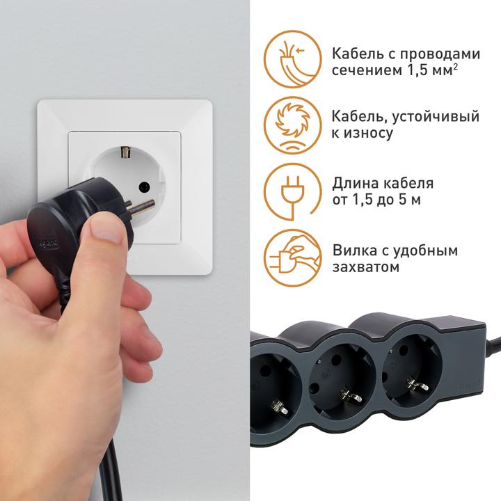 Image du produit Legrand Multiprise plate 5x prise, 1,5 mètre de câble noir 694556 (5 x, CEE 16/5, CEE 7/3, 1.50 m)