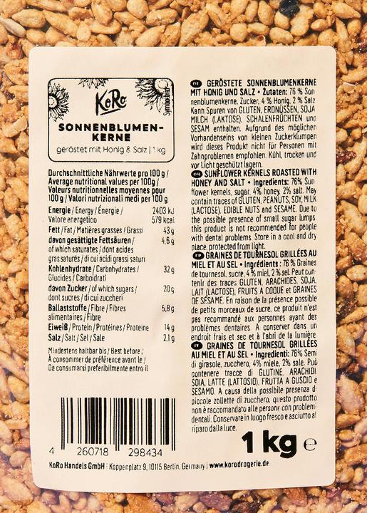 Valeurs nutritives et ingrédients KoRo Graines de tournesol grillées avec du miel et du sel (1000 g)