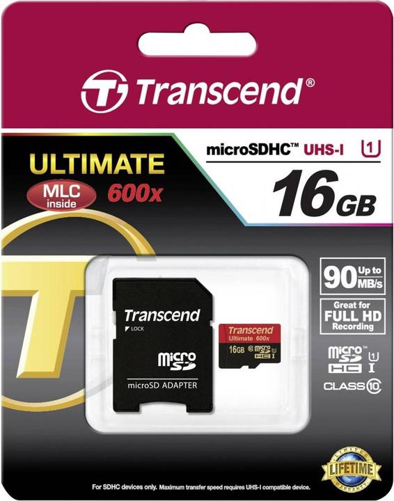 Produktbild Transcend microSDHC Ultimate 600x mit Adapter (16 GB, microSDHC, U1, UHS-I)