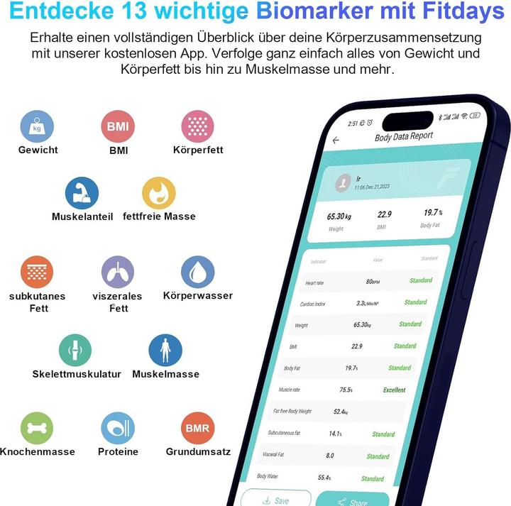 Immagine prodotto Healthkeep Digitale Körperfettwaage mit App & Bluetooth-Funktion (180 kg)