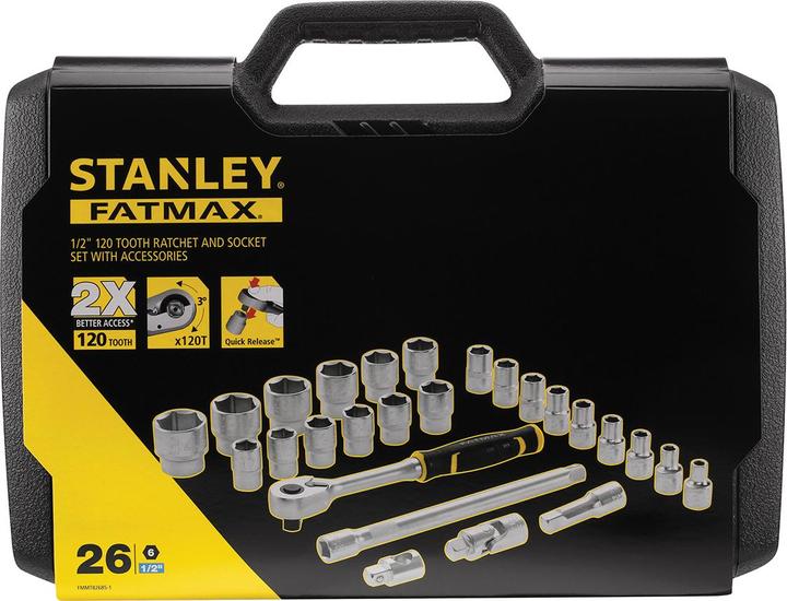Produktbild Stanley Steckschlüsselsatz, 26-teilig, 1/2 Zoll, Typ Ratschen- und Steckschlüsselsatz von SAM, 1/2Z (25 mm, 31 mm, 18 mm, 28 mm, 17 mm, 8 mm, 16 mm, 34 mm, 23 mm, 33 mm, 11 mm, 20 mm, 29 mm, 19 mm, 32 mm, 10  mm, 15 mm, 22 mm, 21 mm, 30 mm, 14 mm, 27 mm, 12 mm, 9 mm, 26 mm, 24 mm, 13 mm)
