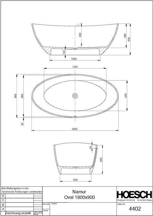 Produktbild Hoesch Badewanne NAMUR 1800x900x450mm freistehend we (350 l, 180 cm, 90 cm)