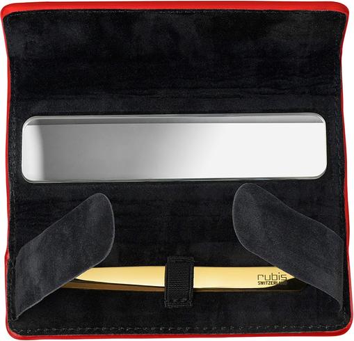 Actual product image Rubis Tweezers Shiny with case, oblique, gold