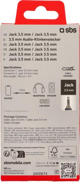 Label énergétique SBS Prise audio/stéréo de 3,5 mm pour téléphones portables et smartphones (1.50 m, Jack 3,5 mm (AUX))