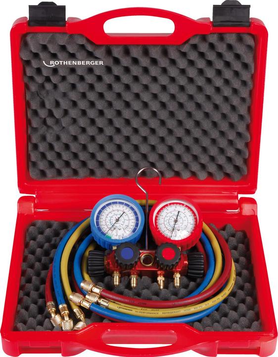 Actual product image Rothenberger Analogue 4-way pressure gauge set, incl. hoses with ball valve for R410A and R32.