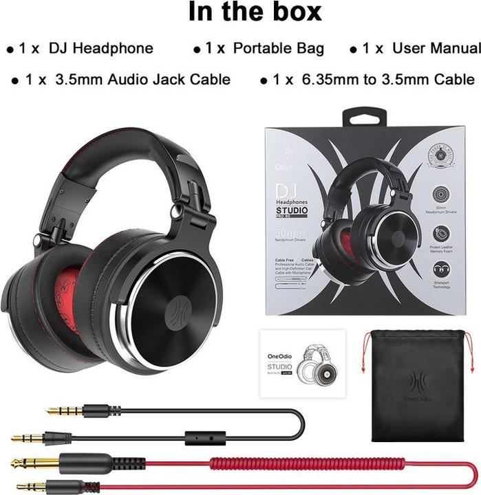 Produktbild OneOdio Pro-60 DJ Over Ear Kopfhörer kabelgebunden Stereo Schwarz High-Resolution Audio Faltbar, Sc (ANC, Kabelgebunden)