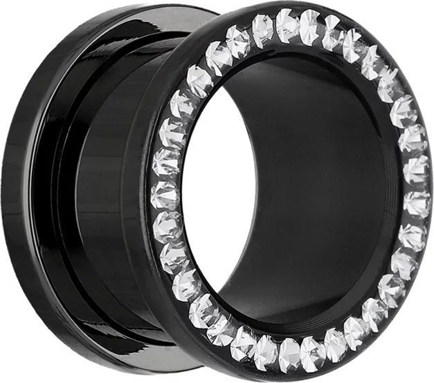 Actual product image Star Piercing Flesh Tunnel black with crystal silver and epoxy protection layer (without brass, Surgical steel 316L)
