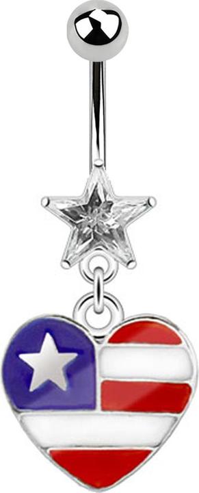 Actual product image Star Piercing Banana silver with pendant USA heart and star crystal (Surgical steel 316L, without brass)