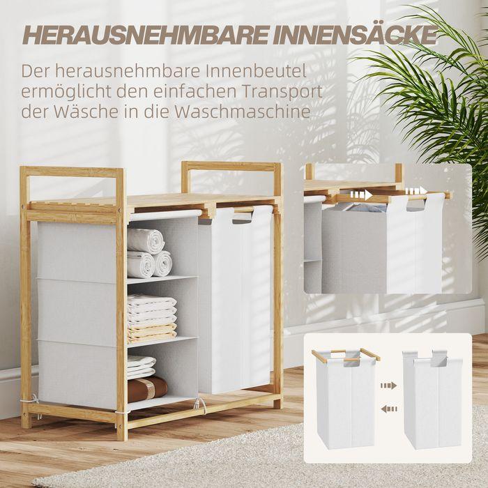 Produktbild Swisshandel24 Wäschekorb 4 Fächer Wäschesammler mit 2 ausziehbaren Wäschesäcken Weiss (83 l)