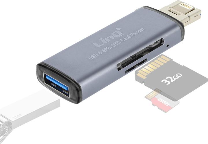 Produktbild LinQ 2-in-1 Lightning / USB-Stecker SD / Micro-SD Kartenleser, - Grau (Lightning, USB)