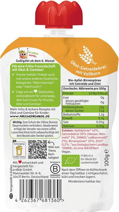 Immagine prodotto Freche Freunde Sacchetto di mele, pere, cannella, riso e farro 100 g (107 g)