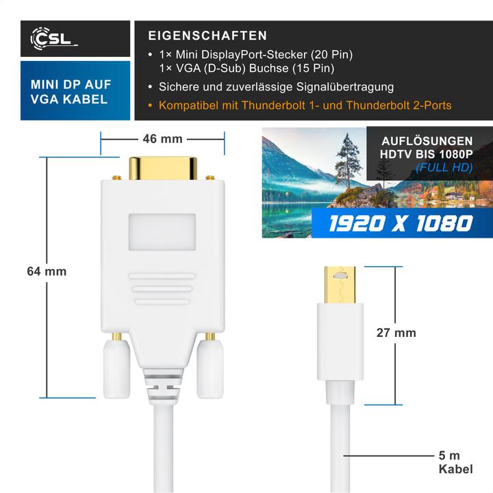 Image du produit CSL Câble vidéo audio mini Displayport vers VGA, adaptateur de moniteur miniDP / compatible Thunderbolt (3 m, DisplayPort, VGA)