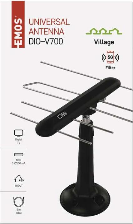 Image du produit Emos Antenne universelle EM-DIO3, 0-80 km, DVB-T2, filtre LTE/4G/5G (DVB-T / -T2, LTE)