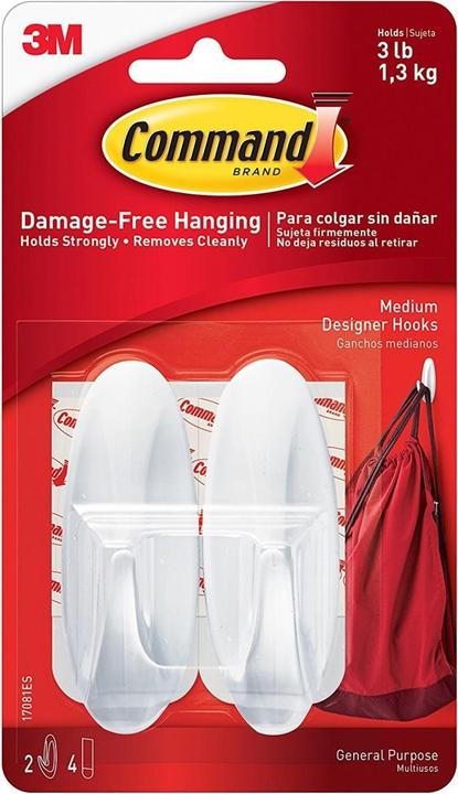 3M 7100117769, Indoor, Universal hook, White, Adhesive strip, 1.3 kg, Tiles & metal, Wood