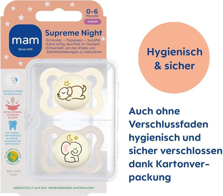 Produktbild MAM Supreme Night Silikon Schnuller, 2 Stück, 0-6 (2 x, bis 6 Monate)