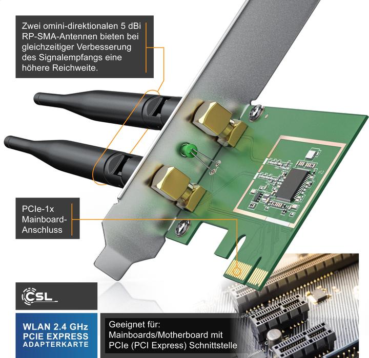 Actual product image CSL 300 Mbit s PCIe network card WLAN 2.4 GHz - high-performance 2T2R dual antenna with powerful (PCI-E x1)