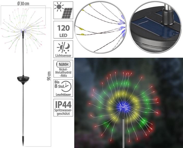Image du produit Lunartec Décoration lumineuse solaire de jardin avec effet de feu d'artifice, 120 LED multicolores, IP44 (IP44)