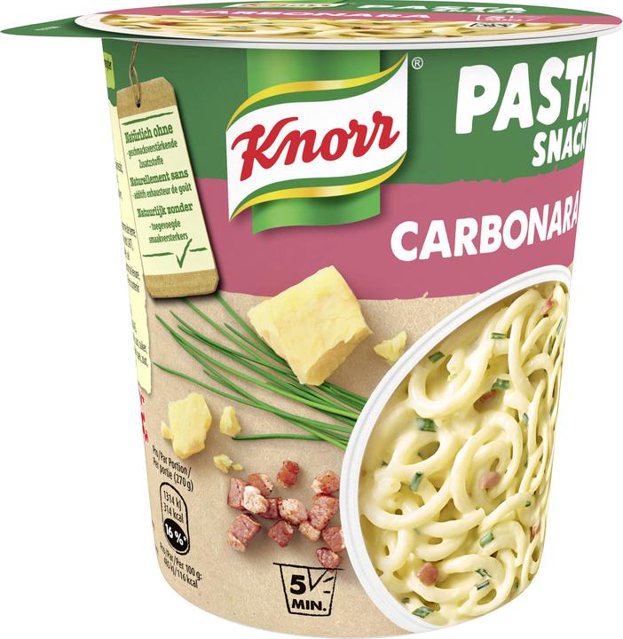 Produktbild Knorr Pasta Snack Carbonara Becher, Teigwaren mit cremiger Sauce & Speck, in 5 Minuten zubereitet (88 g)