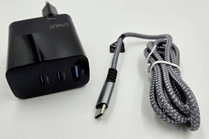 Actual product image Eaxus USB charger with charging cable, 3 ports, 2x type-C & 1x type-A, 65 watts, black (65 W)