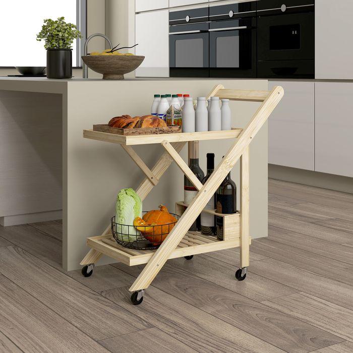 Produktbild Swisshandel24 Küchenwagen Servierwagen mit Arbeitsplatte, 2 Ebenen, Weinregal, für Büro Natur