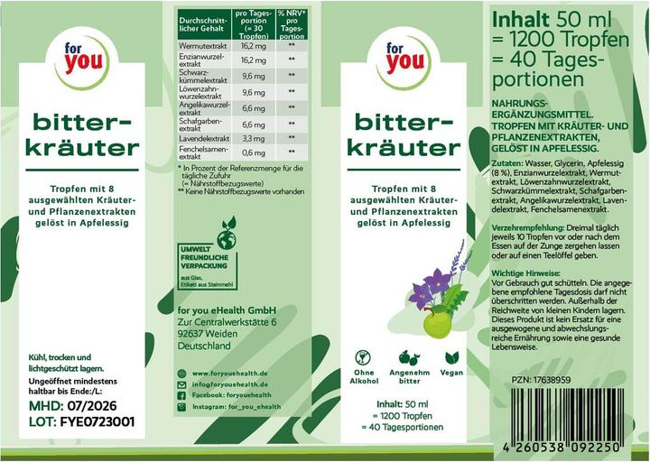 Nährwerte und Zutaten For You bitterkräuter tropfen (1 Stück, Tropfen)