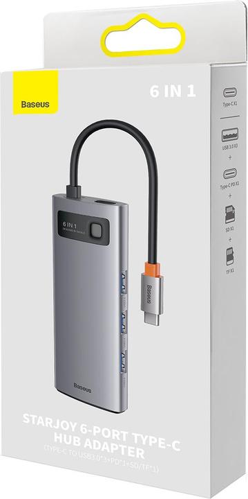 Produktbild Baseus Metal Gleam Series 6-in-1 Multifunctional Type-C HUB Docking Station Gray Type-C to USB3.0*3+PD*1+S (USB-C, 6 Ports)