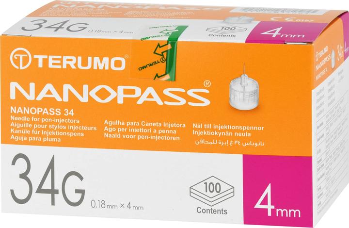 Actual product image Terumo NANOPASS 34 pen needle 34G 0.18X4mm, 100 pcs KAN