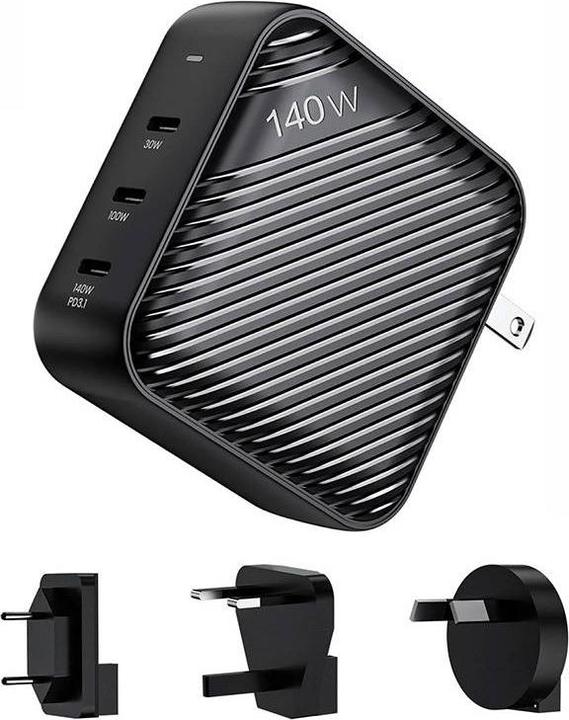 Actual product image Invzi Wall charger GanHub 3x USB-C, 140W, EU/UK/AU/US (black) (140 W)