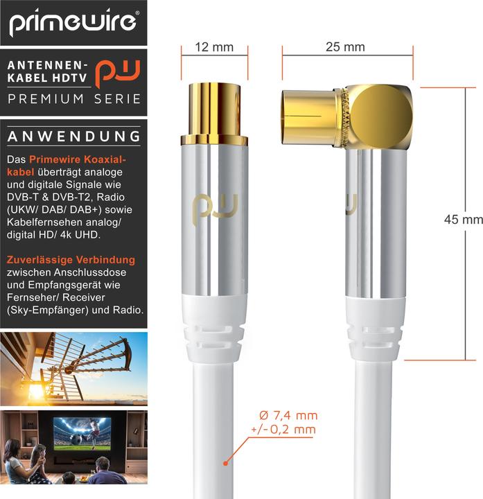 Immagine prodotto Primewire Cavo antenna angolato, cavo coassiale 75 Ohm HDTV, radio, DVB-T DVB-T2 DVB-S2 Cavo antenna TV (135 dB, Cavi antenna)