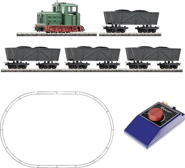 Actual product image Roco 31034 H0e Analog Start Set: Light rail diesel locomotive with a lorry train, Era III-VI.