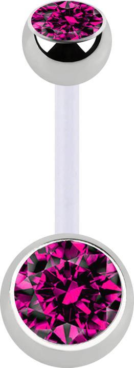 Image du produit Star Piercing Banane transparente avec deux boules cristal argenté fuchsia (Acier chirurgical 316L, sans laiton, Bioflex)