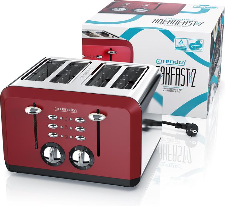 Produktbild Arendo Edelstahl Toaster 4 Scheiben, Automatik, Edelstahl, Wärmeisolierendes Doppelwandgehäuse, rot