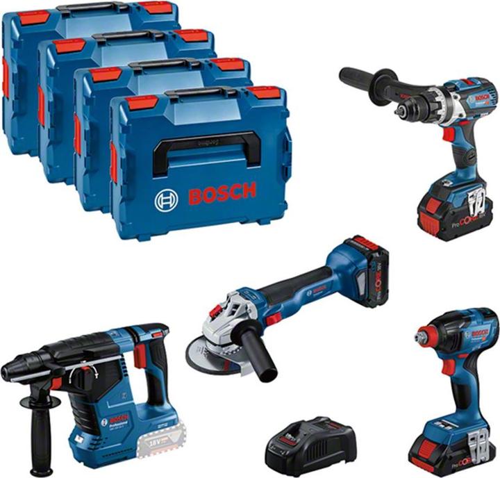 Bosch Professional Combo Kit Set mit 4x 18V: GSR18V-110C/GDX18V-210C/GWS18V-10/GBH 18V-24C, 3x Akku