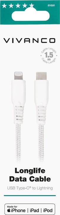 Actual product image Vivanco 1.5M USB-C <-> LIGHTNING, white 61691 1.5M USB-C <-> LIGHTNING LONGLIFE (1.50 m, USB 3.2 Gen 1)