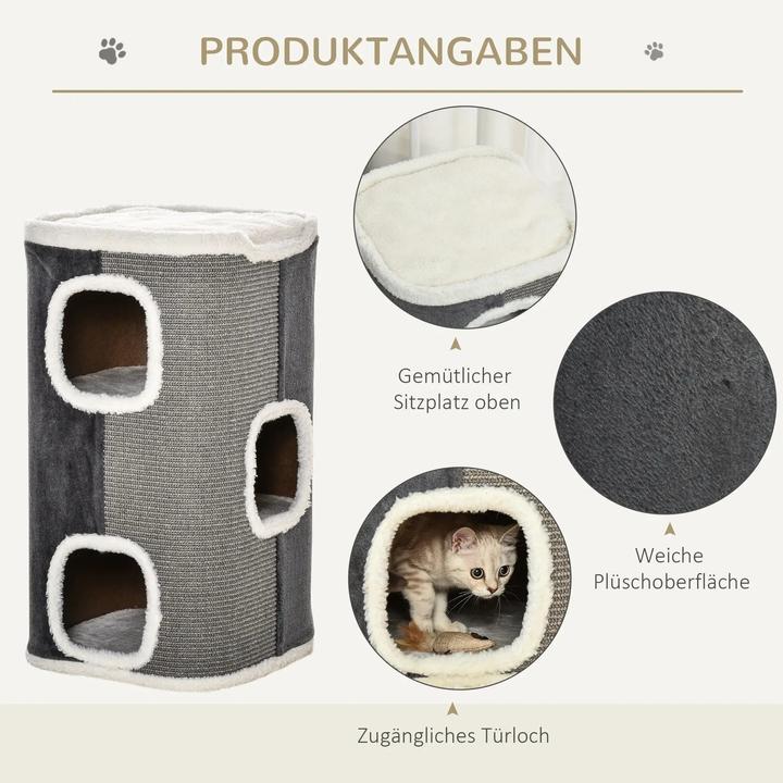 Actual product image PawHut Scratching barrel for cats 3 levels chipboard velvety grey+white 40x40x74cm (74 cm, Grey)