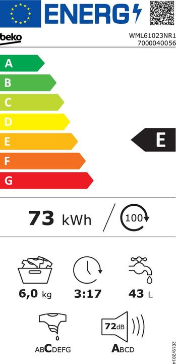 Energie-Label Beko WML61023NR1 Waschmaschine Freistehend Frontlader E (6 kg, Links)