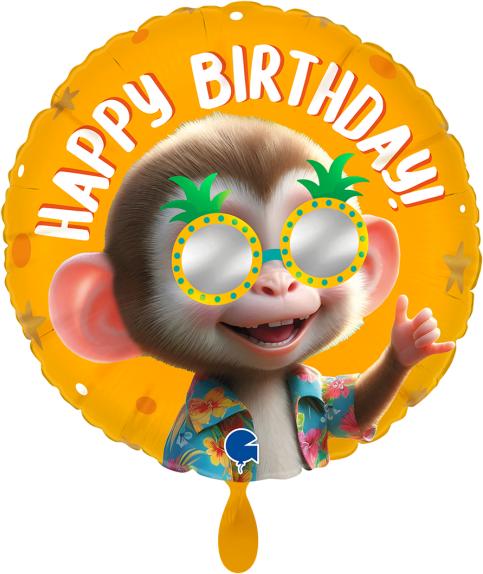Immagine prodotto Grabo Folienballon Happy Birthday Affe mit Sonnenbrille Ø 38 cm ohne Füllung (1 x)