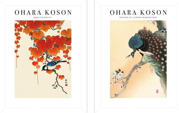 Produktbild Ohara Koson Eingerahmter Druck Bird And Red Ivy Peacock On A Cherry Blossom 2erPack (40 x 30 cm)